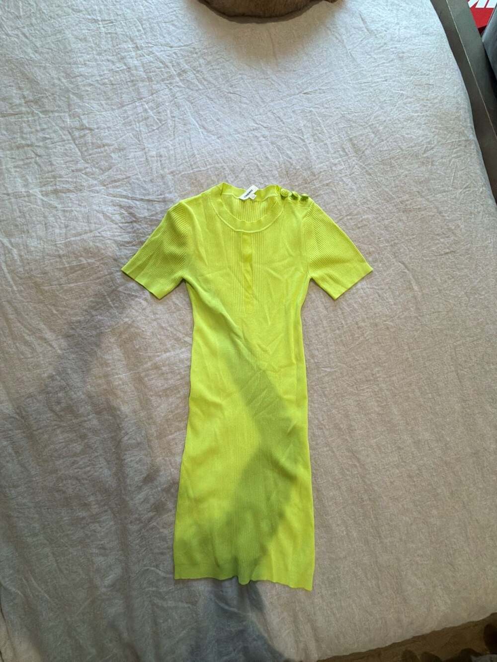 L'Agence Dress Size XS/T Neon Yellow Ribbed Knit Button Shoulder Midi